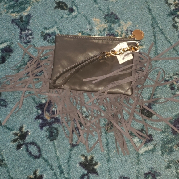 NWT Deux Lux Grey Vegan Leather Fringe Wristlet - Picture 5 of 5